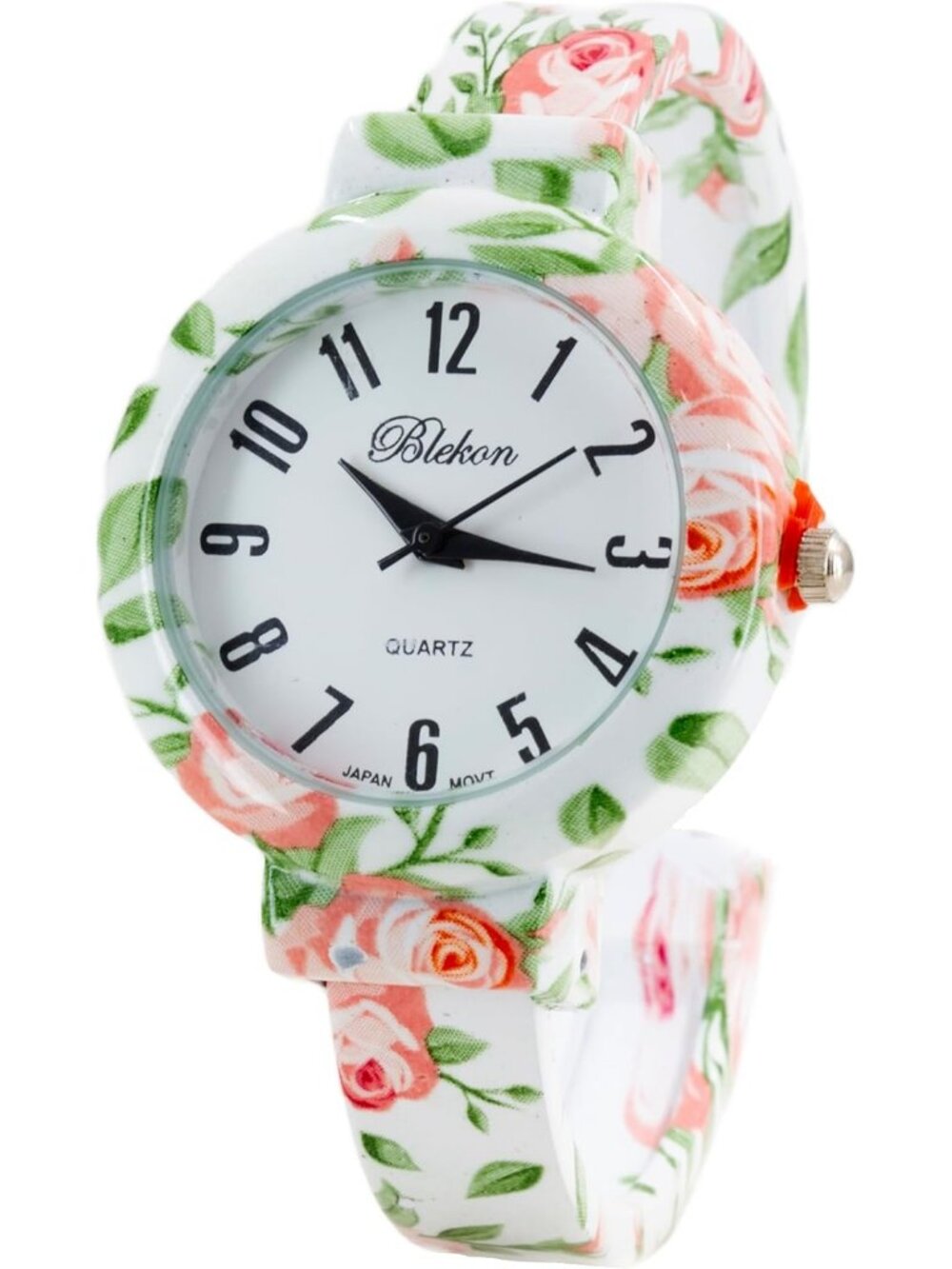 Women's White Pink Elegant Flower Design Bracelet Cuff Bangle Fashion Watch